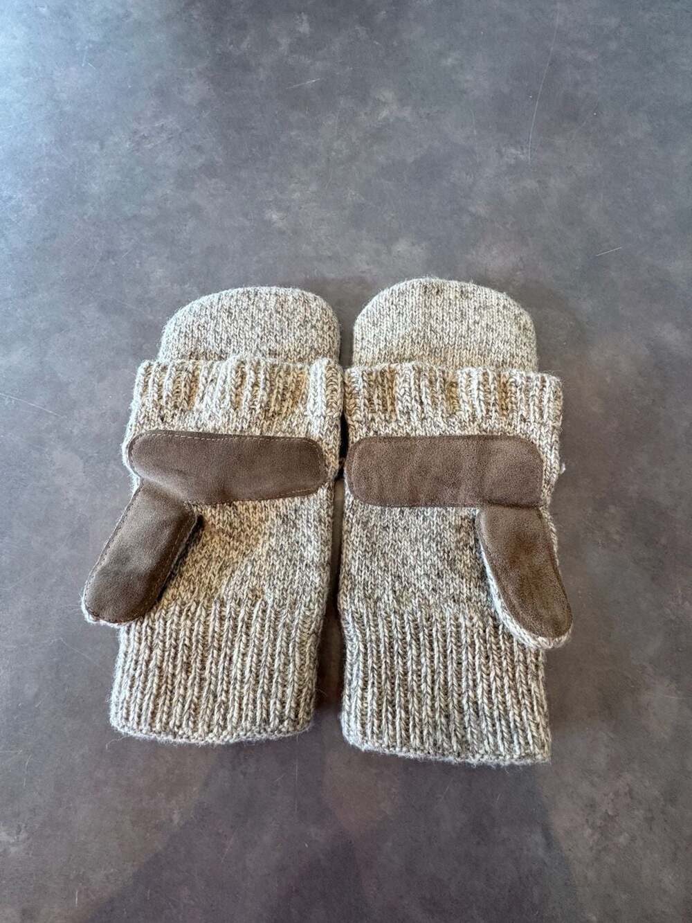 Brown Knit Convertible Fingerless Gloves Mittens with Suede Palm Patches